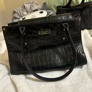 Kate Spade Black Satchel with Croc Texture and Metal Hardware